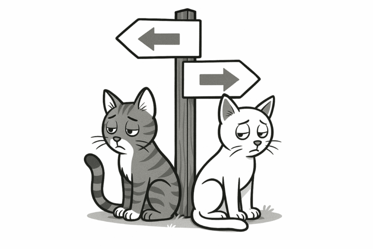Cartoon-Zeichnung von zwei getrennt sitzenden Katzen, zwischen ihnen ein Wegweiser mit zwei Richtungen. Symbol für Plan A und Plan B bei Katzenstreit