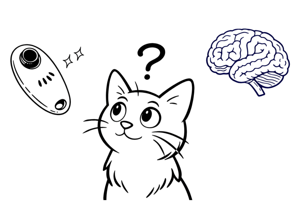 Cartoon-Katze denkt über Clickertraining nach – Illustration zum Thema „Warum Clickertraining funktioniert“