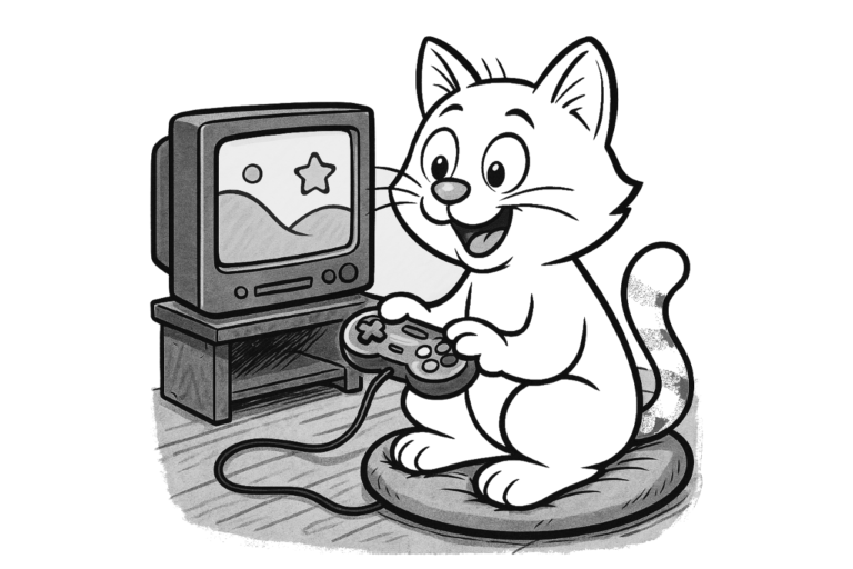 Katze spielt mit TV-Gamebox