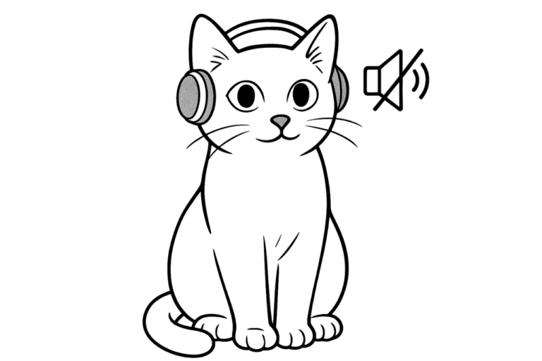 Katze mit Kopfhörern auf und einem durchgestrichenen Lautsprechersymbol daneben - eine taube Katze symbolisierend.