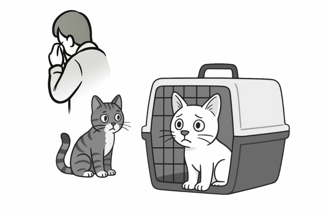 Weisse Katze in Transportkorb im Vordergrund, Tabby-Katze leicht im Hintergrund, weinender Mensch im Hintergrund