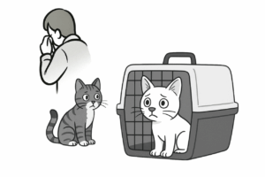 Weisse Katze in Transportkorb im Vordergrund, Tabby-Katze leicht im Hintergrund, weinender Mensch im Hintergrund