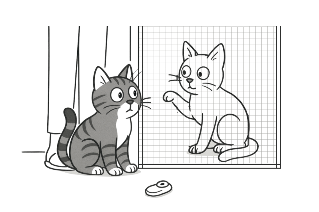 Zwei Katzen mit Mensch, eine Katze sitzt hinter Gittertür, auf dem Boden liegt symbolisch der Clicker.