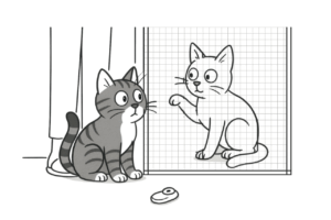 Zwei Katzen mit Mensch, eine Katze sitzt hinter Gittertür, auf dem Boden liegt symbolisch der Clicker.