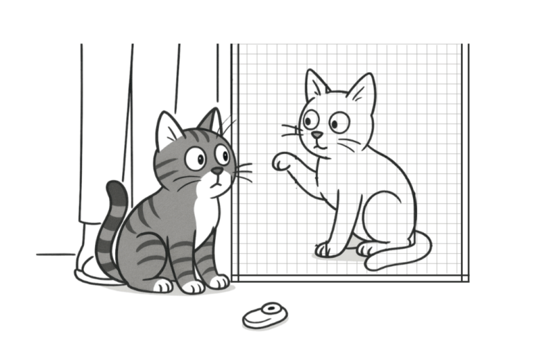 Zwei Katzen mit Mensch, eine Katze sitzt hinter Gittertür, auf dem Boden liegt symbolisch der Clicker.
