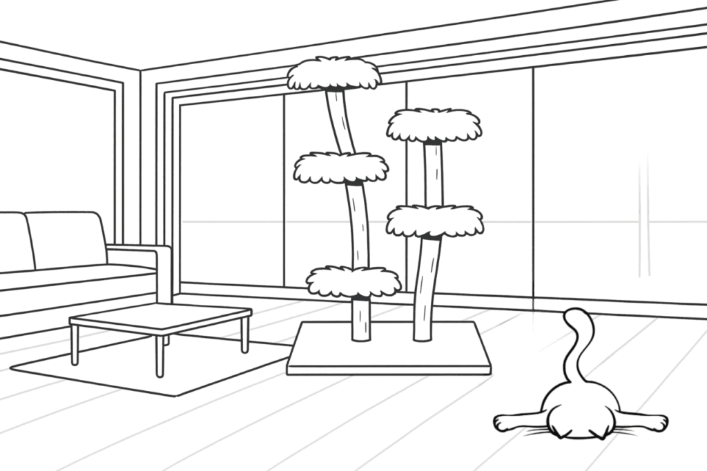 Kratzbaum mit gelangweilter Katze vor langweiliger Terrasse