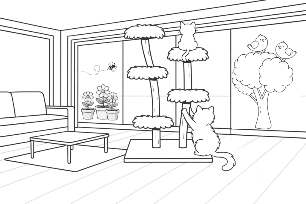 Kratzbaum mit gut unterhaltenen Katzen vor spannender Terrasse